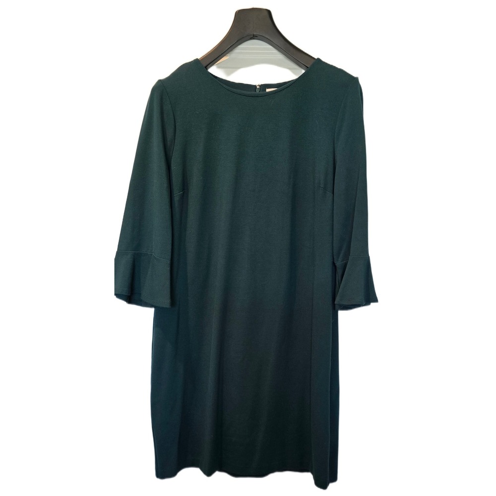 Chicos Hunter Green Ponte Knit Ruffle Cuff Shift Dress Size 2 Large Womens